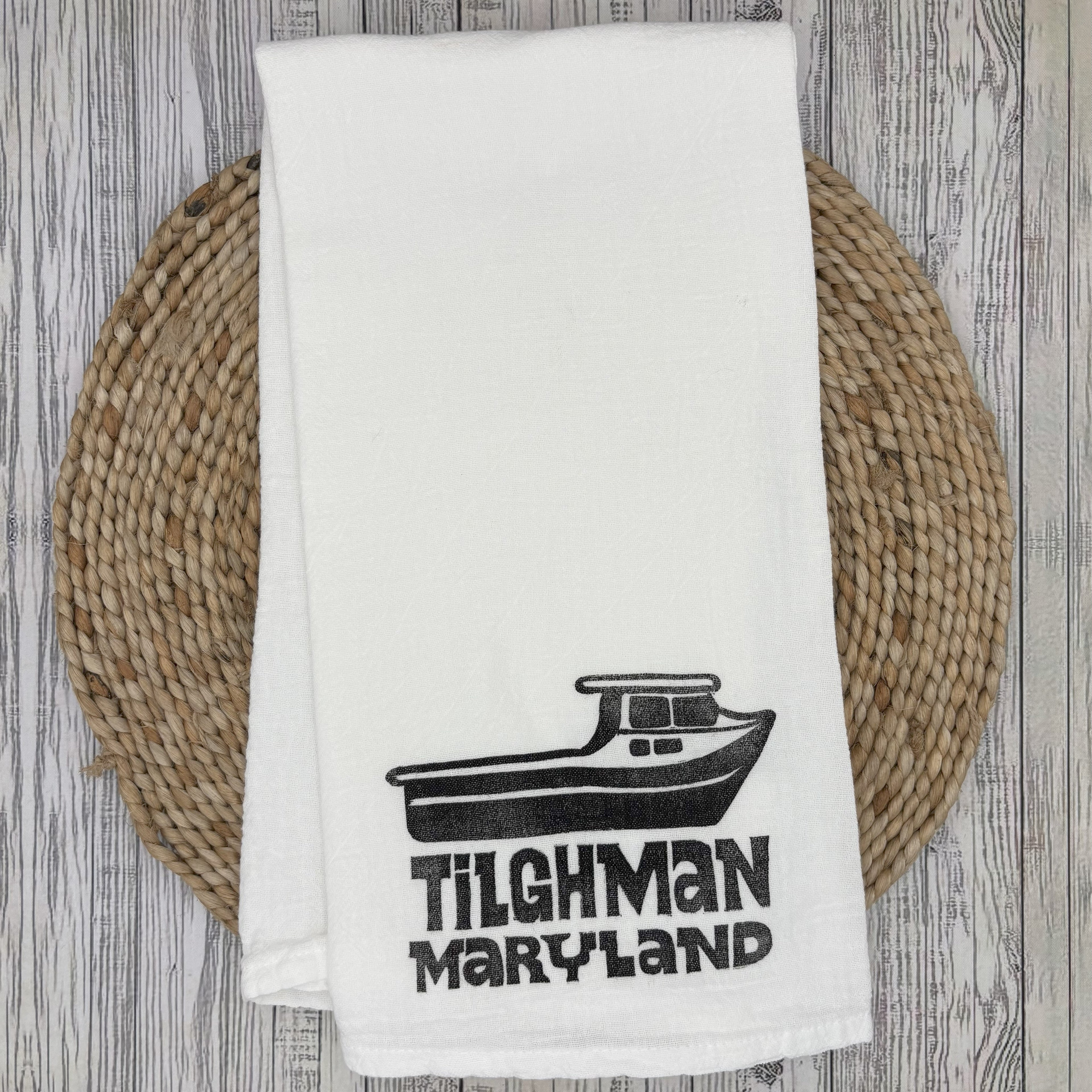 Flour Sack Kitchen Towel • Crab Boat - Maryland Towns •