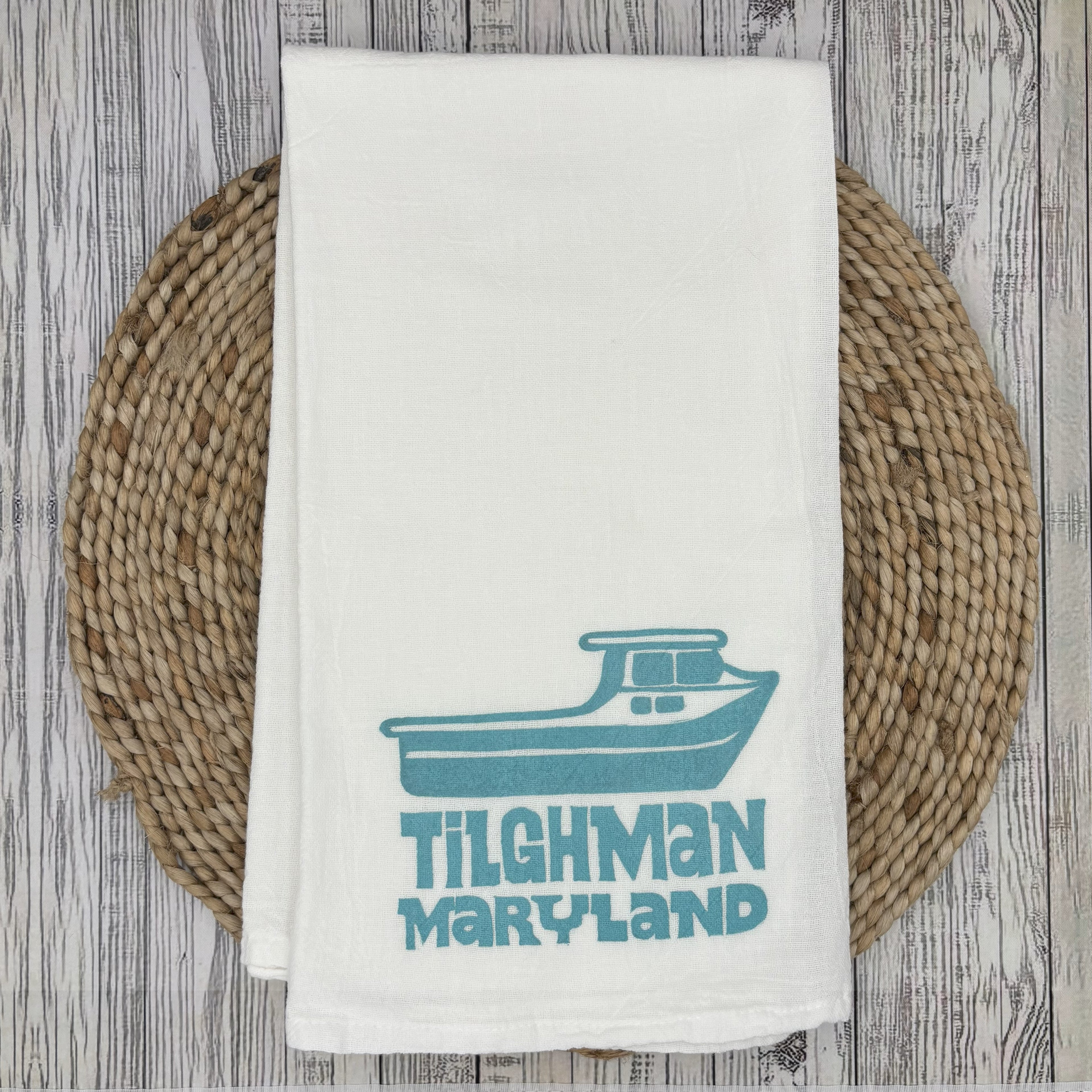 Flour Sack Kitchen Towel • Crab Boat - Maryland Towns •