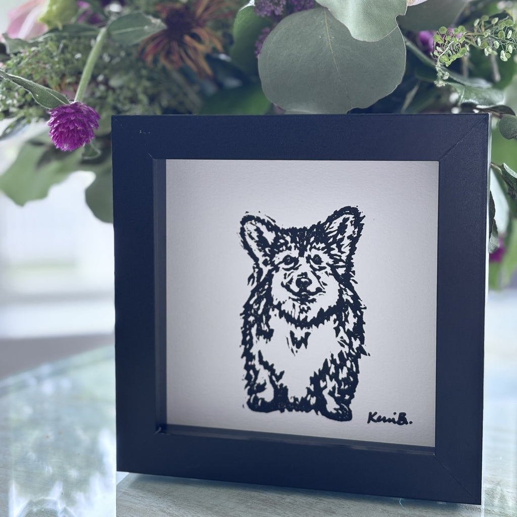 Block Print Framed • Corgi 5x5 •